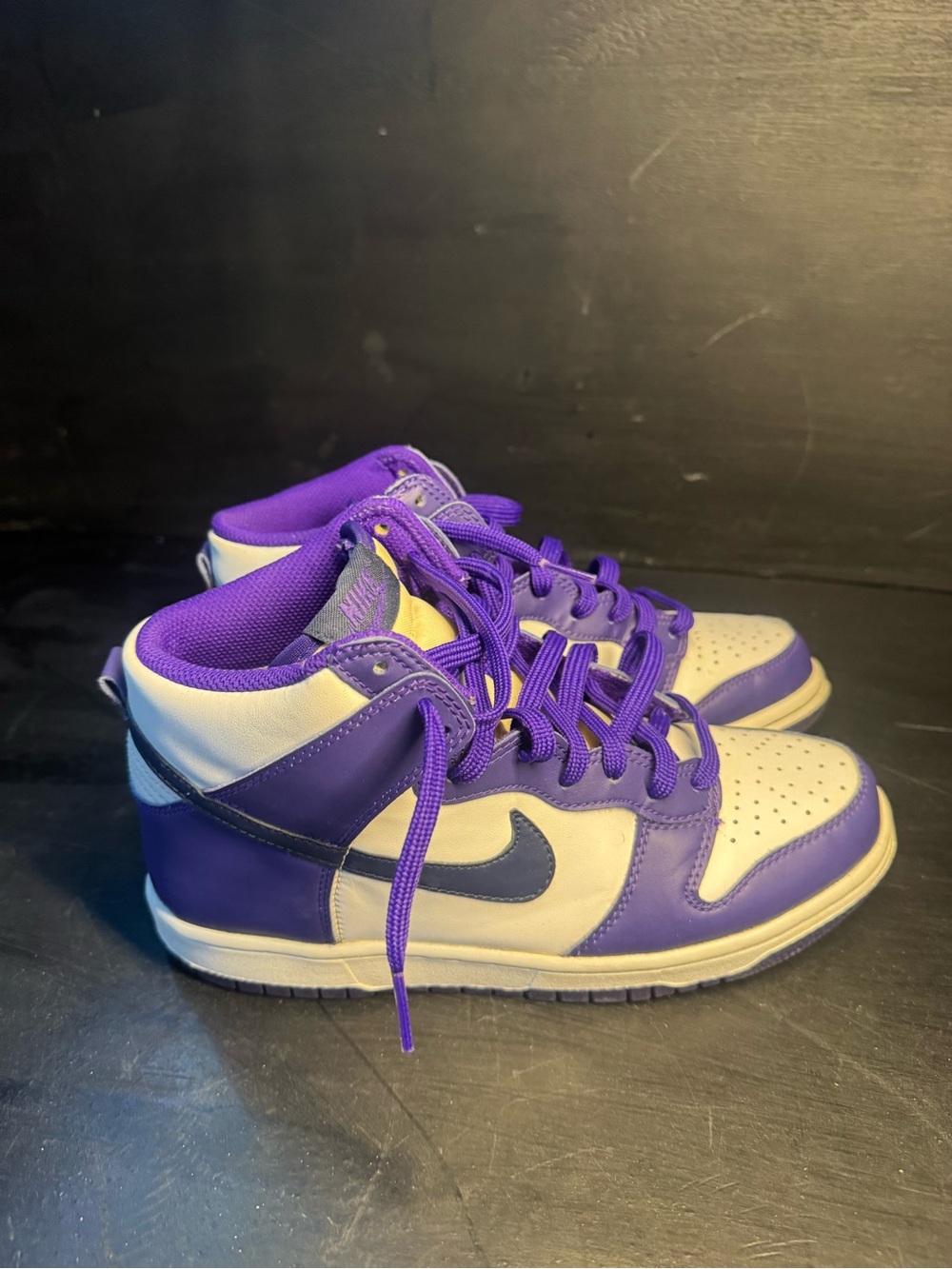 Nike Purple and White High-Top Sneakers with Navy Swoosh